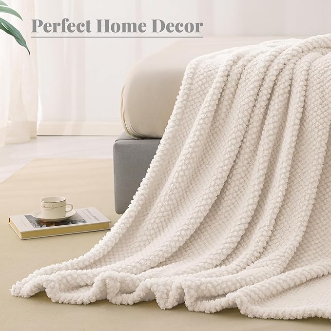 Whale Flotilla Queen Size Fuzzy Fleece Blanket for Bed, 90x90 Inch Fluffy Warm Soft Jacquard Blankets for All Season, Lightweight and Cozy, Ivory