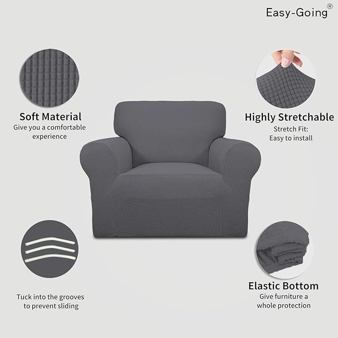 Easy-Going Stretch Chair Sofa Slipcover 1-Piece Couch Sofa Cover Furniture Protector Soft with Elastic Bottom for Kids, Pet. Spandex Jacquard Fabric Small Checks (Chair, Gray)