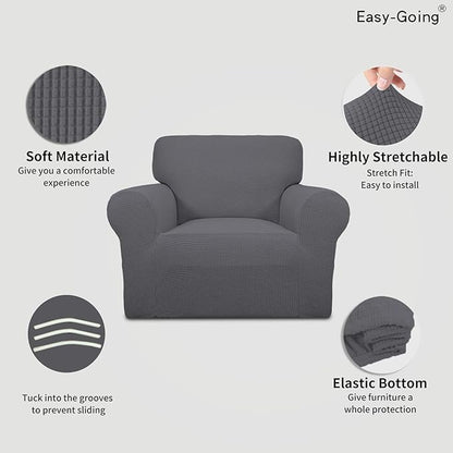 Easy-Going Stretch Chair Sofa Slipcover 1-Piece Couch Sofa Cover Furniture Protector Soft with Elastic Bottom for Kids, Pet. Spandex Jacquard Fabric Small Checks (Chair, Gray)