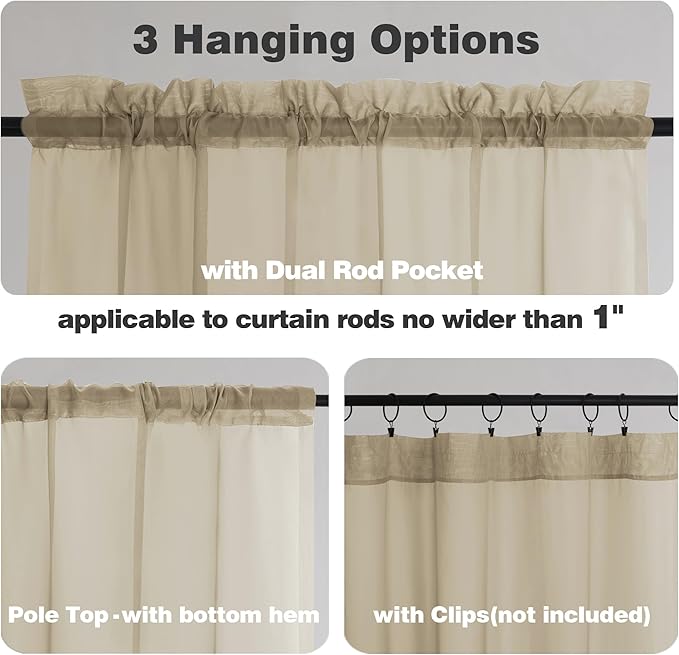 Chyhomenyc Taupe Sheer Valances for Windows - Light Filtering Small Kitchen Curtains, Rod Pocket Short Top Window Treatment Decor for Living Room Bathroom Basement, 42Wx16L inches, 2 Panels