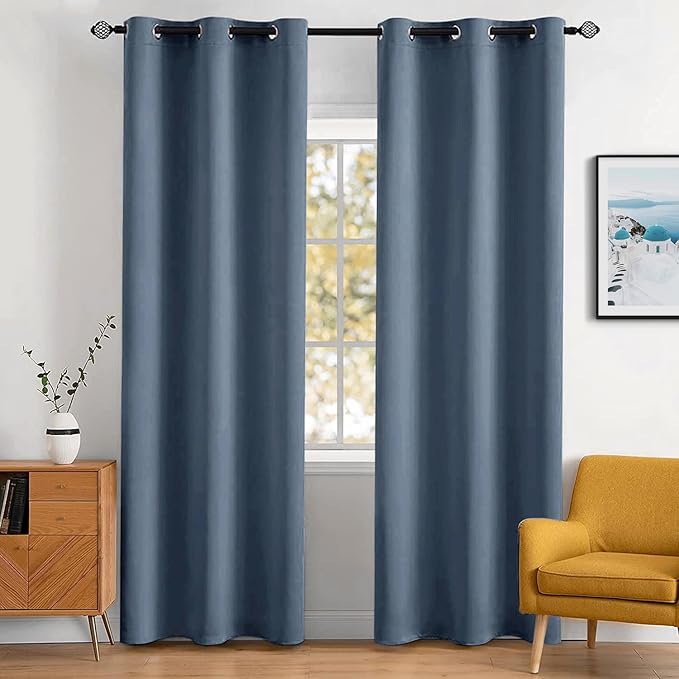 MIULEE 90" Long Blackout Room Darkening Curtains Thermal Insulated Drapes Solid Window Treatment Set Grommet Top Light Blocking Curtain for Living Room/Bedroom 2 Panels Stone Blue