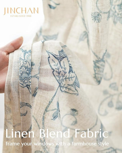 jinchan Linen Curtains Floral Curtains 63 Inch Length for Living Room Bedroom Light Filtering Rod Pocket Back Tab Jacobean Curtains Flax Linen Texture Window Drapes Set 2 Panels Blue on Linen