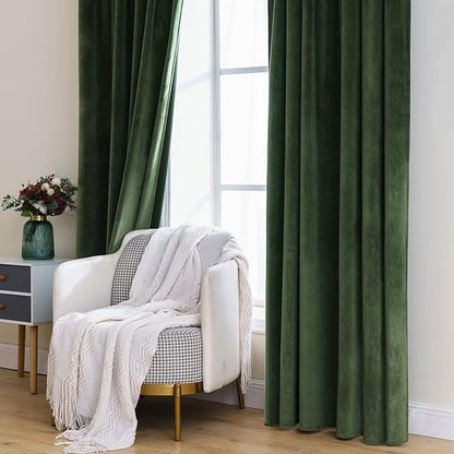 MIULEE Velvet Curtains 92 inches - Luxury Blackout Curtains for Bedroom Living Room Thermal Insulated Super Soft Window Drapes Rod Pocket & Back Tab, Olive Green, W52 x L92 inches, 2 Panels