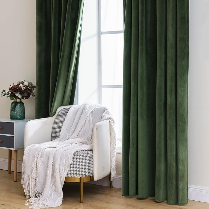 MIULEE Velvet Curtains 63 inch Length 2 Panels - Luxury Blackout Curtains for Bedroom Living Room Thermal Insulated Super Soft Window Drapes Back Tab, Olive Green, W52 x L63 inches