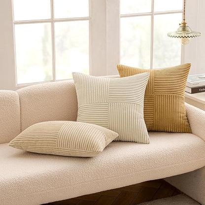 MIULEE Cream Decorative Euro Sham Pillow Covers 24x24 Inch for Bed Couch Sofa Pack of 2 Boho Neutral Farmhouse Throw Pillows Soft Cross Corduroy Patchwork Textured Cushion Cases