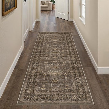 2x6 Washable Runner Rug for Hallway Kitchen Vintage Brown Non Slip Low Pile Carpet Traditional Retro Soft Throw Rug for Bathroom Bedroom Entryway Indoor Entrance