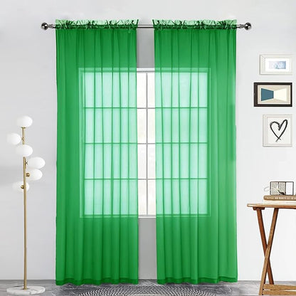 SpaceDresser Sheer Voile Window Treatment Rod Pocket Curtain Panels for Kitchen Bedroom Living Room Drapes Sunlight Filtering Privacy Semi Home Decor Assorted Colors Sizes (Green, 52 W x 96 L)
