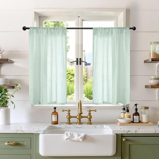 BGment Sage Green Linen Kitchen Curtains 36 Inch Length - Small Drapes Light Filtering for Cafe Bathroom Decorative Lightweight Natural Rustic Rod Pocket, 2 Panels Set, 30 X 36 Inch