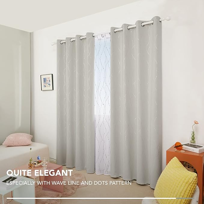 Deconovo Room Darkening Curtains, Farmhouse Boho Beige Curtain, Thermal Insulated Soundproof Drapes, Silver Wave Dots Print, 52 x 95 Inch Long, Machine Washable Panels for Nursery Bedroom, Set of 2