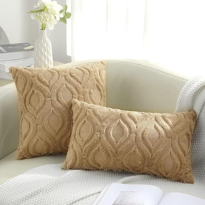 decorUhome Throw Pillow Covers 26x26 Inch Set of 2, Soft Plush Faux Wool Khaki Solid Couch Pillow Covers, Accent Euro Sham Farmhouse Neutral Square Pillow Cases for Sofa Bed Living Room