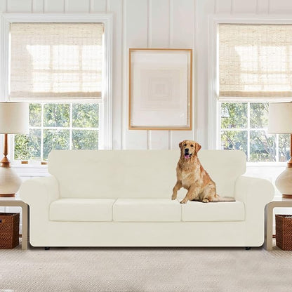 WEERRW 4 Pieces Velvet High Stretch Couch Covers for 3 Cushion Couch Sofa Slipcovers, Washable Furniture Protector with Non Slip Elastic Bottom, Feature Soft and Thick Plush Fabric, Ivory, Large