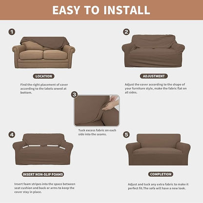 Easy-Going 100% Waterproof Loveseat Couch Cover, Dual Waterproof Sofa Cover, Stretch Jacquard Sofa Slipcover, Leakproof Furniture Protector for Kids, Pets, Dog and Cat (Loveseat, Brown)
