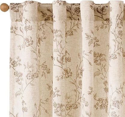 Lazzzy Taupe Floral Linen Curtains 96 Inch Farmhouse Back Tab Drapes for Living Room Bedroom Light Filtering Vintage Grandmillennial Rod Pocket Curtains, 2 Panels, W38 x L96, Taupe on Beige