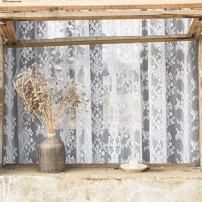 YJ YANJUN Vintage Lace Curtains Chic Floral White Short Sheer Bathroom Curtains for Small Window 2 Panels, Light Filtering Net Drapes for Bedroom, Laundry Room Light Filtering W52 X L45