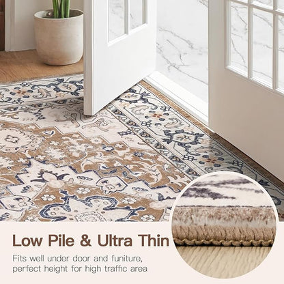 Lofus 8ft Area Rugs for Living Room, Washable Area Rug, Rugs for Bedroom, Kitchen, Vintage Boho Carpet, Soft Non-Slip, Low Pile Large Area Rug for Office Dining Room, Floral Brown