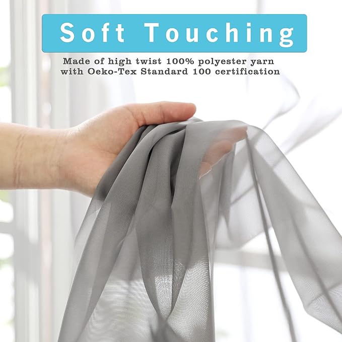 OVZME Charcoal Grey Sheer Curtains 36 inches Long, Short Kitchen Window Treatment Solid Sheers Cafe Curtains Bathroom Voile Half Window Curtains 2 Panels, Rod Pocket, 42" Wx36 L