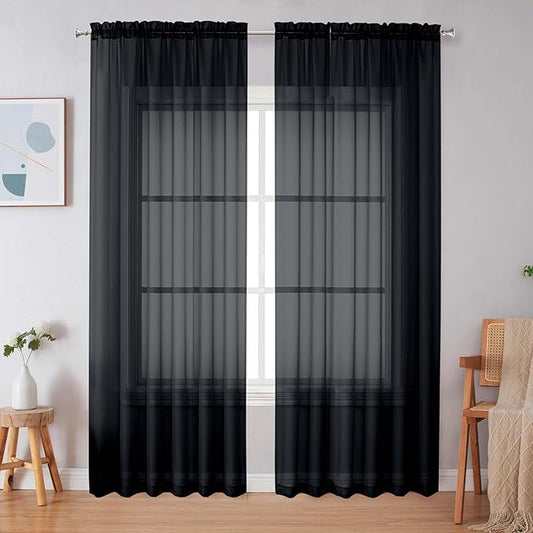 Simplebrand Black Sheer Curtains 90 Inches Long, Light Filtering Rod Pocket Solid Color Window Sheer Curtain Panels, Elegant Curtains & Drapes for Living Room, Bedroom 2 Panels (Black, 59" W x 90" L)