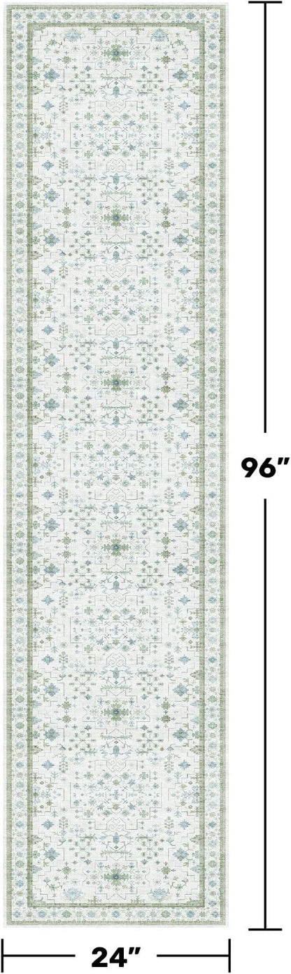 Hazo Haus Washable Oushak 2x8 Bathroom Runner Rug - Vintage Turkish Floral 8ft Long Low Pile Non Slip Runners for Kitchen, Hallway - Cream Blue and Green