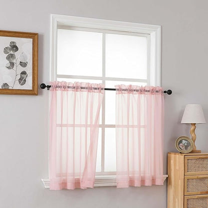 Blush Pink Small Sheer Curtains 2 Panels Set, Kitchen Curtains 36 Inch Length, Elegant Light Filtering Short Window Drapes for Living Room Bedroom, Dual Rod Pocket Design, 2x42Wx36L Inches