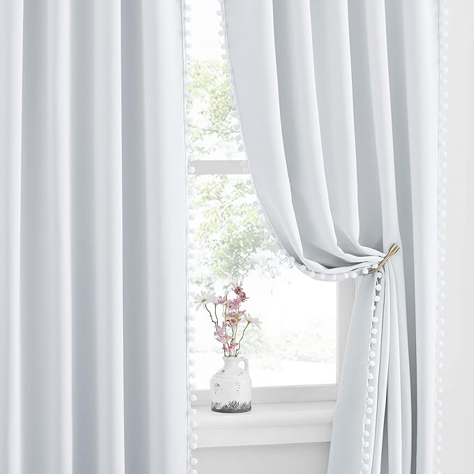 NICETOWN Pom Poms Trimming Blackout Curtains, Farmhouse Blackout Window Curtains Set of 2 Panels, Thick Thermal Insulated Vertical Drapes for Girls Boys Room Playroom, Greyish White, W52 x L84 inch
