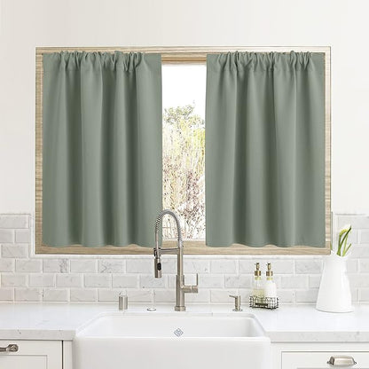 RYB HOME Blackout French Door Window Curtain Covering, Rod Pocket Thermal Insulated Privacy Non See Through Drapes for Bathroom Window, Width 29 by Length 45, Greyish Green, 2 Panels