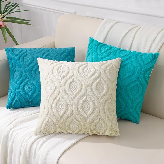 decorUhome Summer Throw Pillow Covers 22x22 Inch Set of 2, Soft Plush Faux Wool Teal Solid Couch Pillow Covers, Accent Euro Sham Farmhouse Neutral Square Pillow Cases for Sofa Bed Living Room