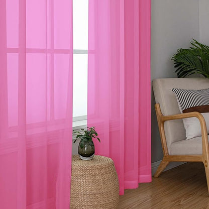 Simplebrand Hot Pink Short Sheer Curtains 45 Inch Length for Small Windows, Rod Pocket 2 Panels Set Solid Voile Drapes Window Sheer Curtains for Bedroom Bathroom Kids Room Kitchen, 42x45 Inch