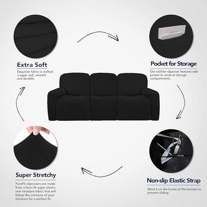PureFit Super Stretch 3 Seats Recliner Chair Sofa Couch Cover with Pocket – Non Slip Soft Sofa Slipcover, Washable Spandex Reclining Furniture Protector for Kids, Pets (Recliner Sofa, Black)