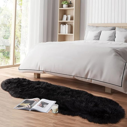 Faux Fur Rug for Bedroom, Fluffy Runner Rugs Soft Sheepskin Rug Sofa Couch Seat Cushion, 2x6ft Black Plush Area Rug Shag Rugs Floor Carpets for Nursery Bedside, Cute Shaggy Fuzzy Home Decor