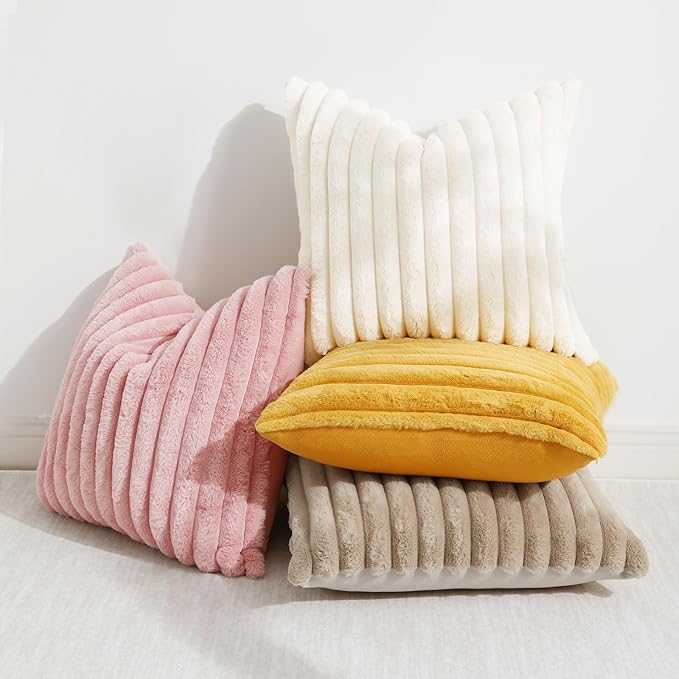 decorUhome Summer Cozy Faux Fur Throw Pillow Covers 22x22 Set of 2 Decorative Soft Plush Striped Modern Farmhouse Boho Couch Euro Sham Pillow Cases with Velvet Back for Sofa Bed Living Room, Pink