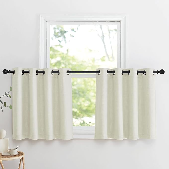 NICETOWN Natural Linen Room Darkening Curtain Valances for, Grommet Faux Linen Blend Short Curtains Thermal Insulated Window Tiers for Kitchen Over Sink, W52 x L30, Set of 2