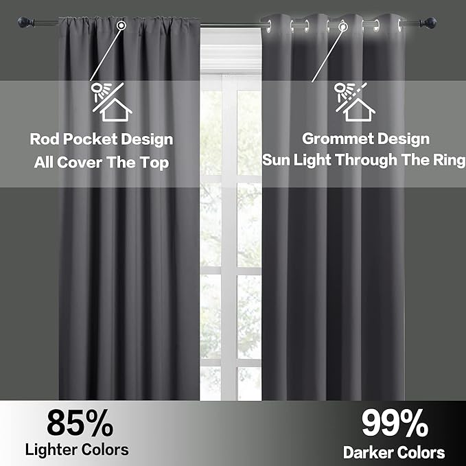 RYB HOME Blackout Curtains for Bedroom Living Room 63 inches Long, Thermal Insulated Privacy Rod Pocket Drapes for Nursery Office Home Theater, Width 42 by Length 63, Grey, 2 Panels