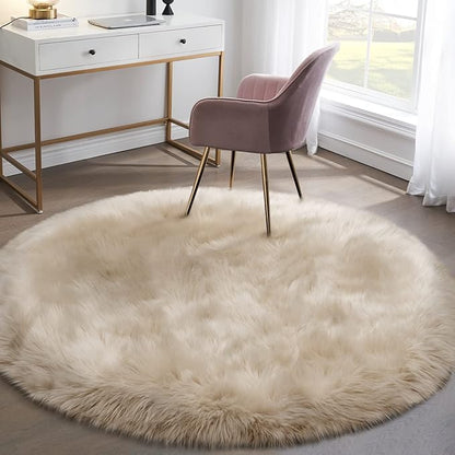 Fluffy Round Rug for Kids Room Beige Circle Faux Fur Area Rug for Bedroom, 4x4 Fuzzy Shag Rugs Furry Nursery Rug Teepee Mat, Circular Plush Floor Carpet