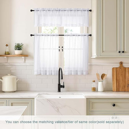 White Small Sheer Curtains Tier 30 Inches Length 2 Pieces, Light Filtering Cafe Curtains Sheers for Living Room Bathroom, Modern Window Treatments Dual Rod Pocket Panels, 2X42Wx30L Inches