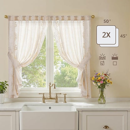 jinchan Belrose Linen Floral Cafe Curtains 45 Inch Length Embroidered Farmhouse Curtains for Kitchen Bedroom Bathroom Small Windows Curtain Set Light Filtering 2 Panels Ivory