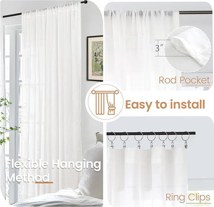 BGment White Linen Cafe Curtains 36 Inch Length, Small Drapes Semi Sheer for Bathroom Kitchen Decor Lightweight Rustic with Rod Pocket, 2 Panels Set, Each 24 Inch Wide