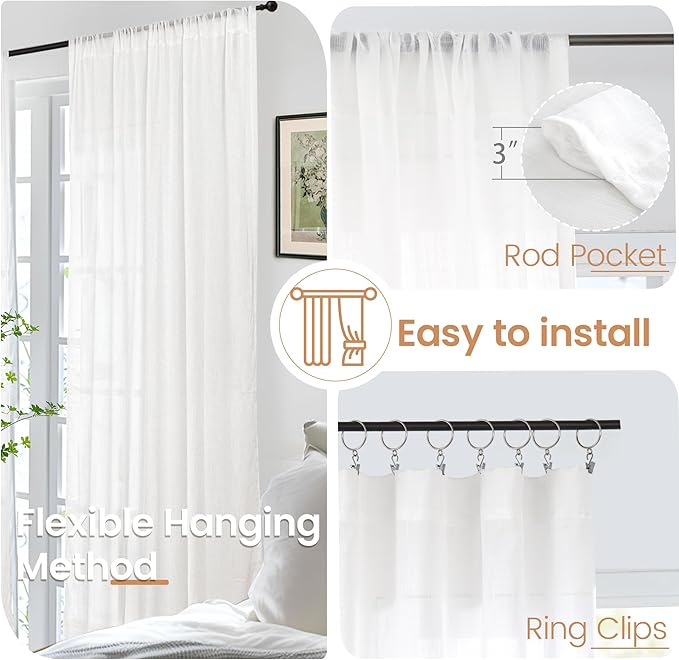 BGment White Semi Sheer Linen Curtains 63 Inch Length for Living Room 2 Panels Set - Rod Pocket Natural Textured Light Filtering Window Drapes for Bedroom Lightweight Rustic, 42 X 63 Inch
