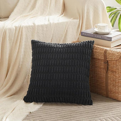 Fancy Homi 4 Packs Boho Black Decorative Throw Pillow Covers 14x14 Inch for Living Room Couch Bed Sofa, Rustic Modern Farmhouse Home Decor, Soft Plush Corduroy Cute Square Cushion Case 35x35 cm