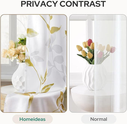 HOMEIDEAS Non-See-Through Gold and White Privacy Sheer Curtains 52 X 84 Inch Length 2 Panels, Leaf Floral Printed Light Filtering Semi Sheer Window Curtains Drapes for Bedroom Living Room