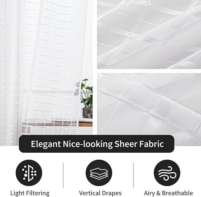 SpaceDresser Check Sheer Curtains 45 Inches Long for Living Room, Rod Pocket Plaid Semi Sheer Drapes for Kitchen Bedroom（White, 52W x 45L）