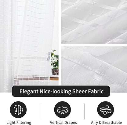 SpaceDresser Check Sheer Curtains 45 Inches Long for Living Room, Rod Pocket Plaid Semi Sheer Drapes for Kitchen Bedroom（White, 52W x 45L）