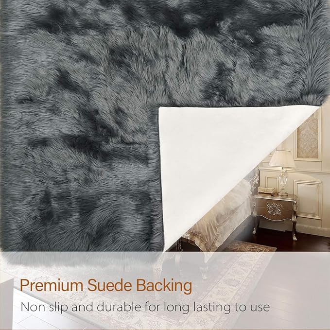 LOCHAS Soft Fluffy Faux Fur Rugs for Bedroom Bedside Rug 2x4 Feet, Washable, Furry Sheepskin Area Rug for Living Room Girls Room, Luxury Shag Carpet Home Decor, Dark Grey