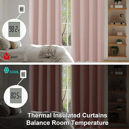 Simplebrand Ava Blackout Curtains for Patio 108 Inches Long 2 Panels Set, Solid Thermal Insulated Room Darkening Rod Pocket Window Treatment Curtains Blackout Drapes, W50 x L108 Inch, Blush