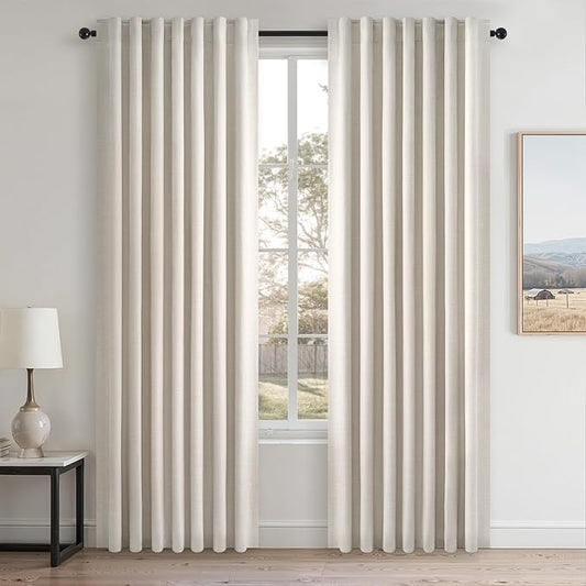 Topfinel 80 Inch Long Linen Blackout Curtains 2 Panels Set for Bedroom Back Tab Rod Pocket Pleated Boho Farmhouse Room Darkening Curtains for Sliding Glass Door,Cream Ivory, 52x80 in Length