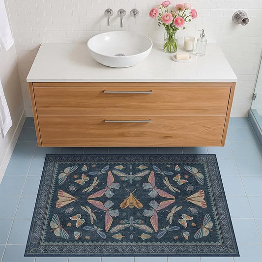 Dark Blue 2x3 Small Rugs for Bathroom Non Slip, Washable Vintage Boho Insect Rug for Kitchen Floor, Entryway Indoor, Powder Room, House Decor Aesthetic, Low Pile Non Slip Carpet