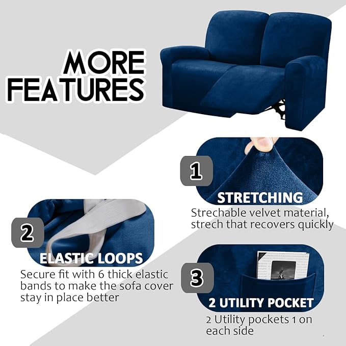 ULTICOR Reclining Love Seat Slipcover, 48" - 65" L, 6-Piece Velvet Stretch Loveseat Recliner Cover, 2 Seat Reclining Sofa Cover, Thick, Soft, Washable, Navy