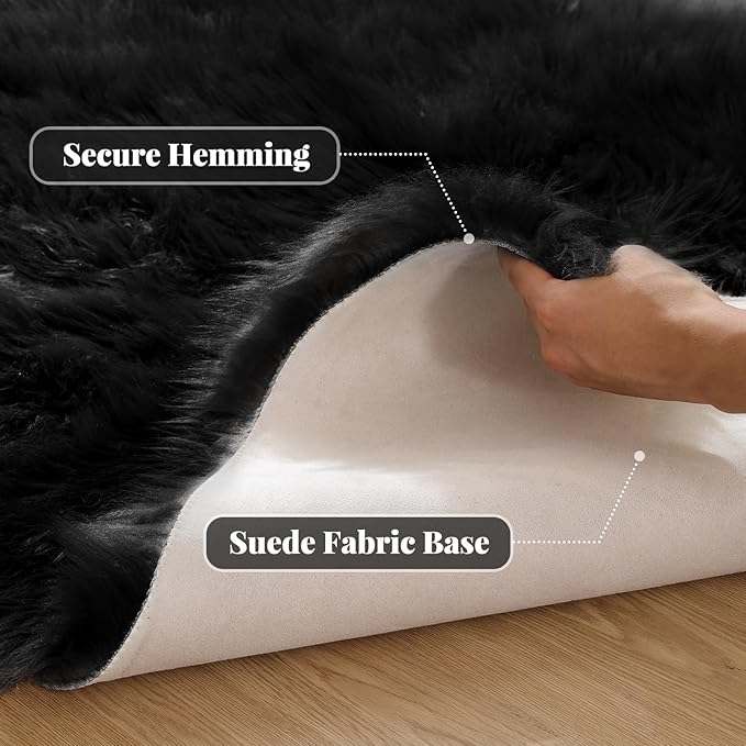 ORINOVA Black Fluffy Faux Sheepskin Washable Fur Area Rugs for Bedroom Living Room Small Shag 2x4 Furry Nursery Rug