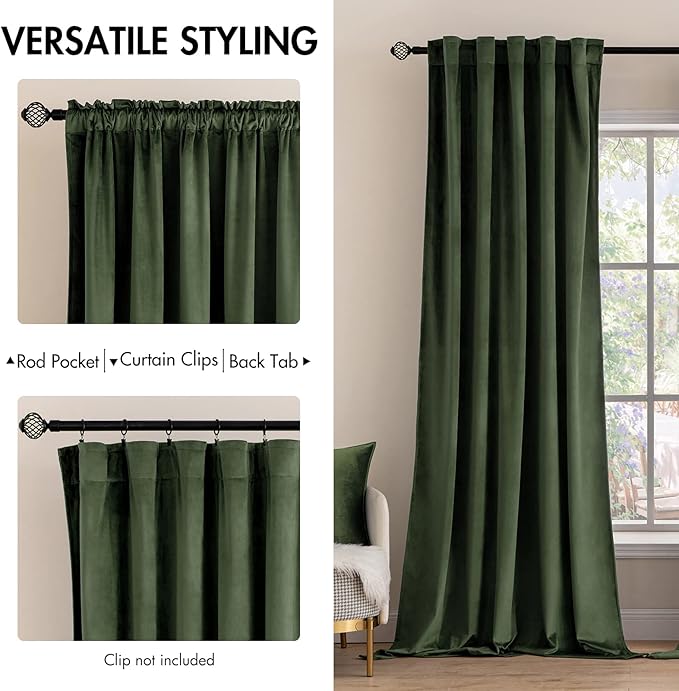 MIULEE Velvet Curtains 92 inches - Luxury Blackout Curtains for Bedroom Living Room Thermal Insulated Super Soft Window Drapes Rod Pocket & Back Tab, Olive Green, W52 x L92 inches, 2 Panels