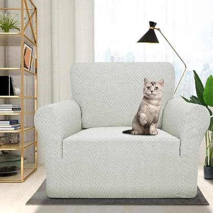 ZNSAYOTX 1 Piece Jacquard Chair Slipcovers for Living Room High Stretch Chair Covers with Arms Anti Slip Pets Friendly Couch Sofa Armchair Cover Furniture Protector (Small, Ivory)