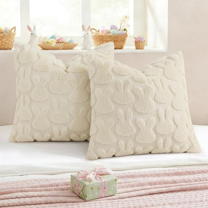 decorUhome Easter Bunny Pillow Covers 20x20 Inch Set of 2, Soft Plush Faux Wool Jacquard Beige Rabbit Cushion Covers, Farmhouse Neutral Spring Easter Holiday Decor for Couch Sofa Bed